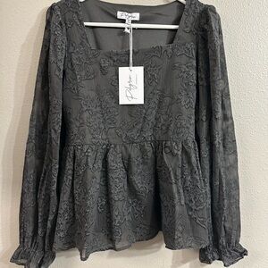 Polagram Charcoal Floral Lace Square Neck Blouse